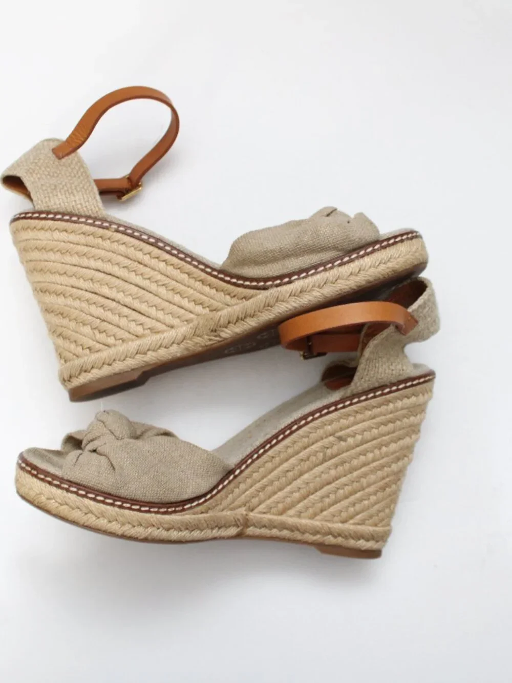 TORY BURCH Natural Linen Canvas Peep Toe Wedge Platform Espadrille Heels Tan 8.5
